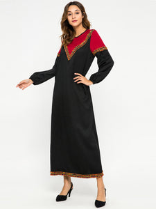 Contrast Stitching Round Neck Long Sleeve Dress