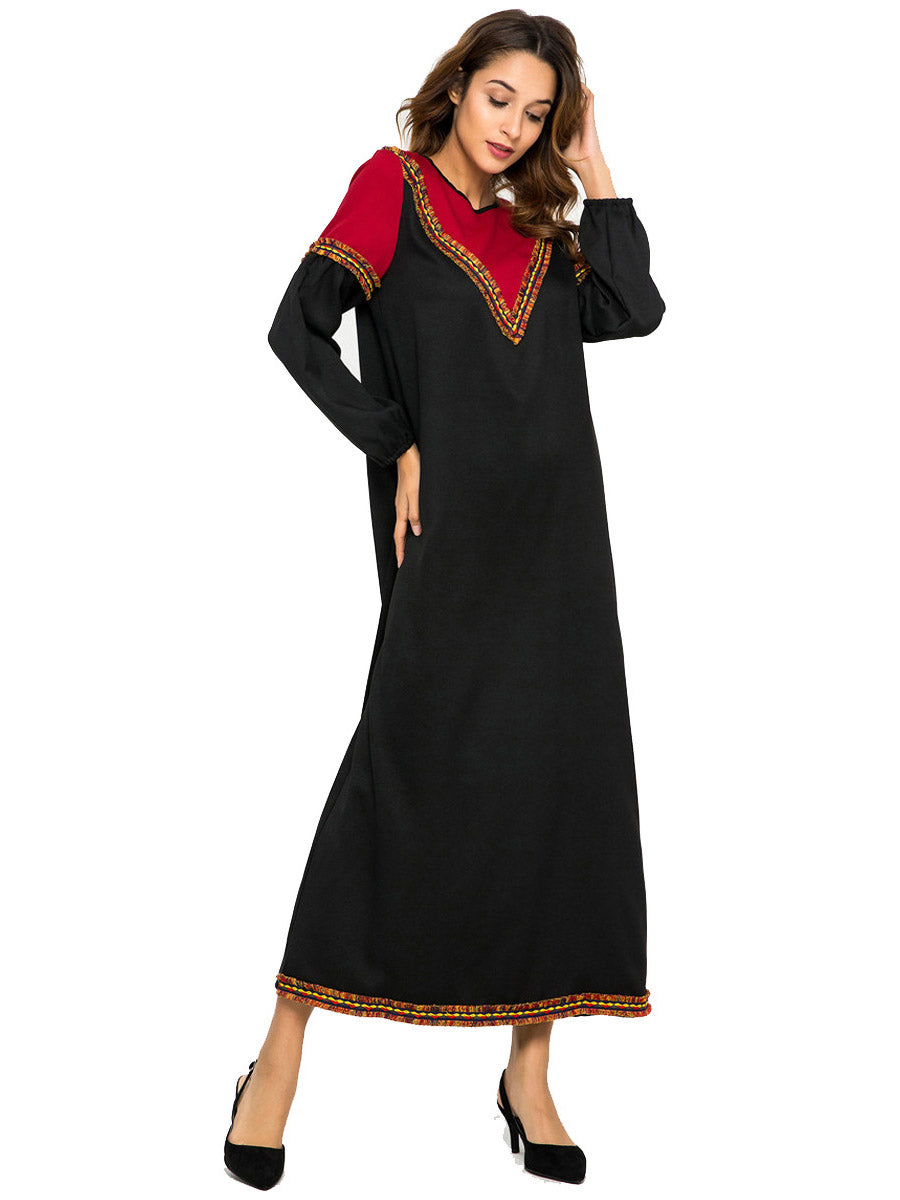 Contrast Stitching Round Neck Long Sleeve Dress