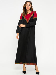 Contrast Stitching Round Neck Long Sleeve Dress