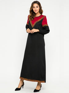 Contrast Stitching Round Neck Long Sleeve Dress