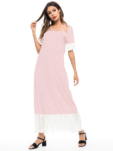 Ruffle Stitching Striped Round Neck Dress