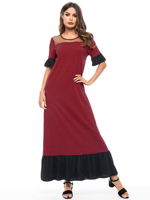 Ruffle Stitching Striped Round Neck Dress