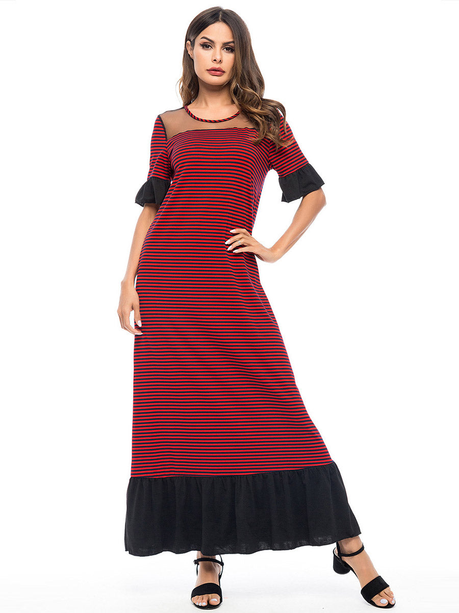 Ruffle Stitching Striped Round Neck Dress