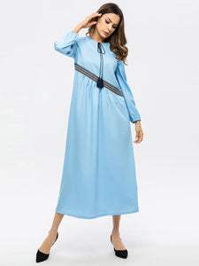 Embroidered Tie Round Neck Long Sleeve Dress