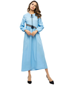 Embroidered Tie Round Neck Long Sleeve Dress