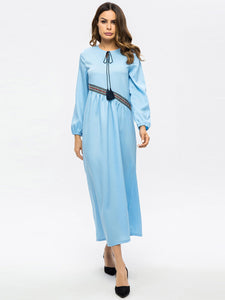 Embroidered Tie Round Neck Long Sleeve Dress