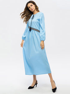 Embroidered Tie Round Neck Long Sleeve Dress