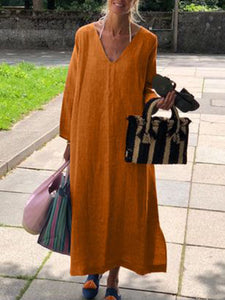 Solid Color V-neck Long Sleeve Loose Casual Dress