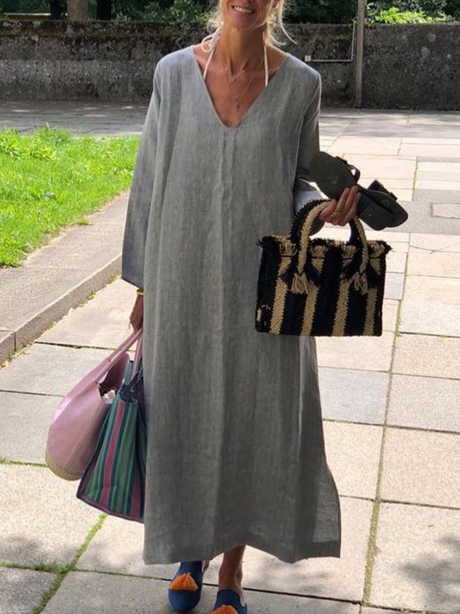 Solid Color V-neck Long Sleeve Loose Casual Dress