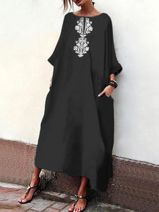 Retro Ethnic Print Round Neck Loose Casual Dress