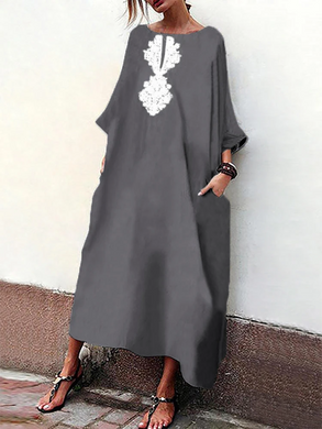 Retro Ethnic Print Round Neck Loose Casual Dress