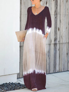 Women Casual V-Neck Long Sleeve Colorblock Maxi Dress