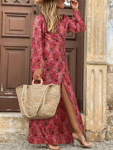 Women Bohemian V-Neck Long Sleeve Split-Side Maxi Dress