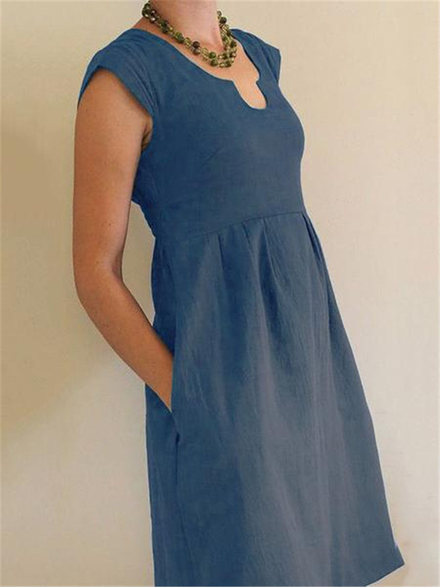 Women Cotton And Linen U-Neck High-Waist A-Line Sleeveless Dress