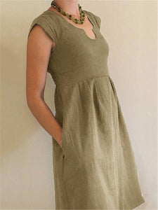 Women Cotton And Linen U-Neck High-Waist A-Line Sleeveless Dress