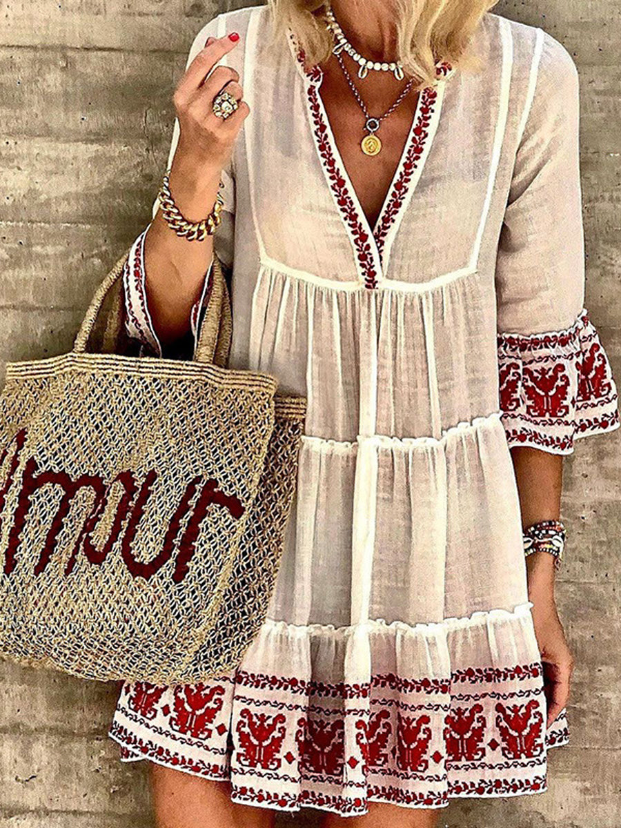 Women Bohemian V-Neck 1/2 Sleeve Cotton and Linen Embroidery Mini Dress