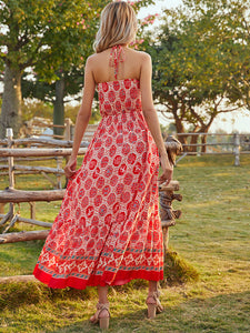 Women Bohemian Print Halter Lace-Up Maxi Dress