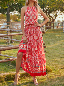 Women Bohemian Print Halter Lace-Up Maxi Dress