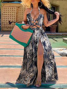 Women Holiday Halter Coconut Tree Print Sexy Maxi Dress