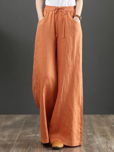 Women's Solid Color Retro Casual High Waist Loose Wide Leg Trousers