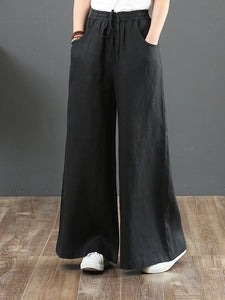 Women's Solid Color Retro Casual High Waist Loose Wide Leg Trousers