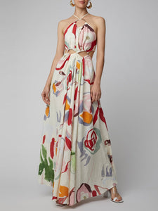 Women Holiday Abstract Print Halterneck Maxi Dress