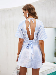 Casual Short Sleeve V-Neck Halter Striped Dress