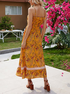 Women Bohemian Floral V-Neck Ruffle Maxi Dress