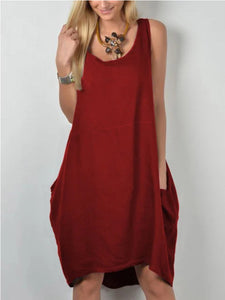 Women Casual Solid Color Round Neck Sleeveless Dress