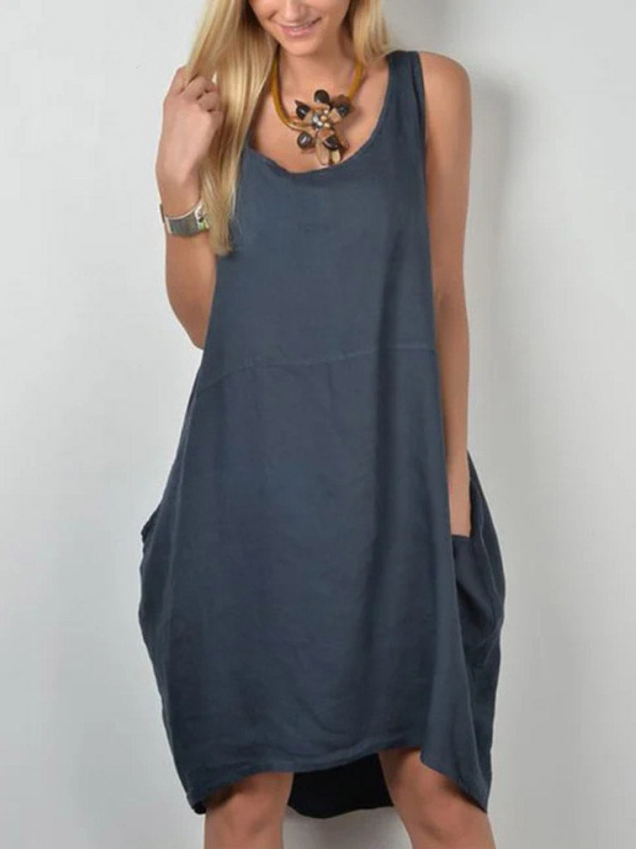 Women Casual Solid Color Round Neck Sleeveless Dress