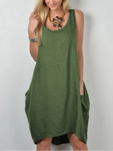 Women Casual Solid Color Round Neck Sleeveless Dress