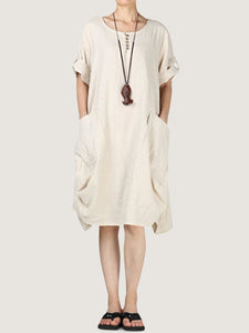 Women Cotton And Linen Patch Pocket Round Neck Loose Dress