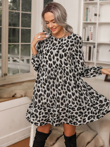 Round Neck Long Sleeve Leopard Print Casual Dress