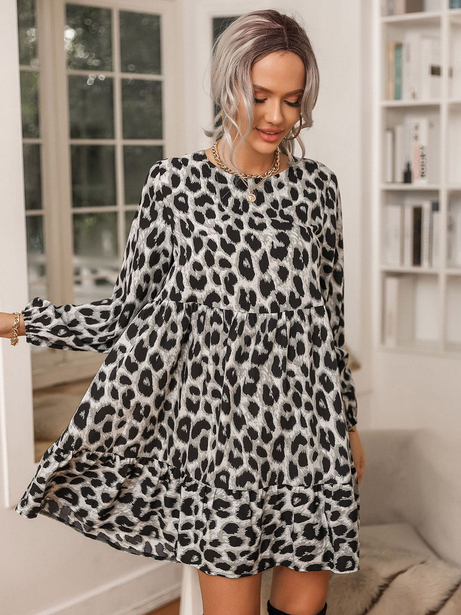 Round Neck Long Sleeve Leopard Print Casual Dress