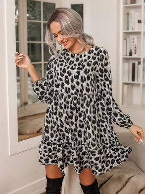 Round Neck Long Sleeve Leopard Print Casual Dress