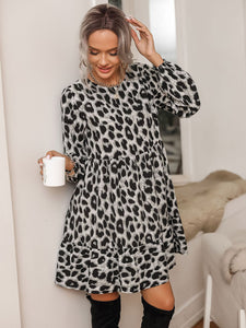 Round Neck Long Sleeve Leopard Print Casual Dress