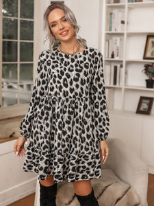 Round Neck Long Sleeve Leopard Print Casual Dress