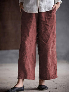 Women Cotton and Linen Pure Color Loose Straight Pant