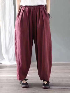 Women Cotton and Linen Solid Color Loose Harem Pant