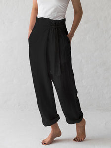 Women Cotton and Linen High Waist Lace-Up Casual Pant