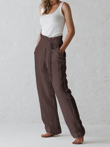 Women Cotton and Linen High Waist Lace-Up Casual Pant