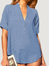 Load image into Gallery viewer, Women Cotton and Linen V-Neck Short Sleeve Blouse