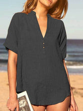 Load image into Gallery viewer, Women Cotton and Linen V-Neck Short Sleeve Blouse