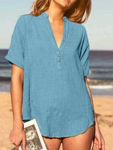 Load image into Gallery viewer, Women Cotton and Linen V-Neck Short Sleeve Blouse