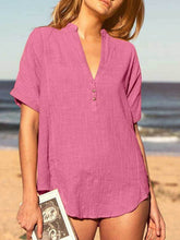 Load image into Gallery viewer, Women Cotton and Linen V-Neck Short Sleeve Blouse