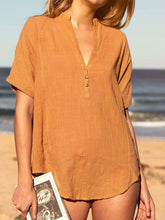 Load image into Gallery viewer, Women Cotton and Linen V-Neck Short Sleeve Blouse