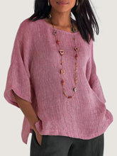 Load image into Gallery viewer, Women Cotton and Linen Round Neck 1/2 Sleeve Blouse