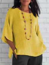 Load image into Gallery viewer, Women Cotton and Linen Round Neck 1/2 Sleeve Blouse