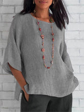 Load image into Gallery viewer, Women Cotton and Linen Round Neck 1/2 Sleeve Blouse