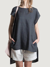 Load image into Gallery viewer, Women Cotton and Linen Short Sleeve Round Neck Irregular Length Blouse